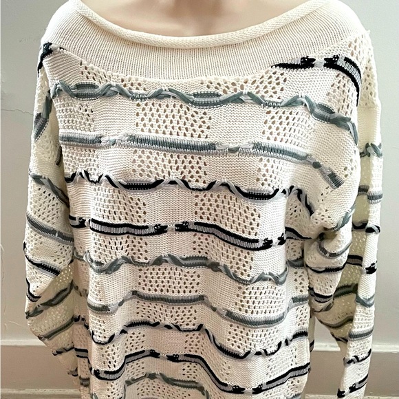 Louie Bernard Sweaters - Vintage Louie Bernard crochet white striped oversized off-the-shoulder size M